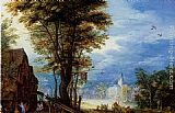Jan The Elder Brueghel Canvas Paintings - A Village Street With The Holy Family Arriving At An Inn [detail 1]